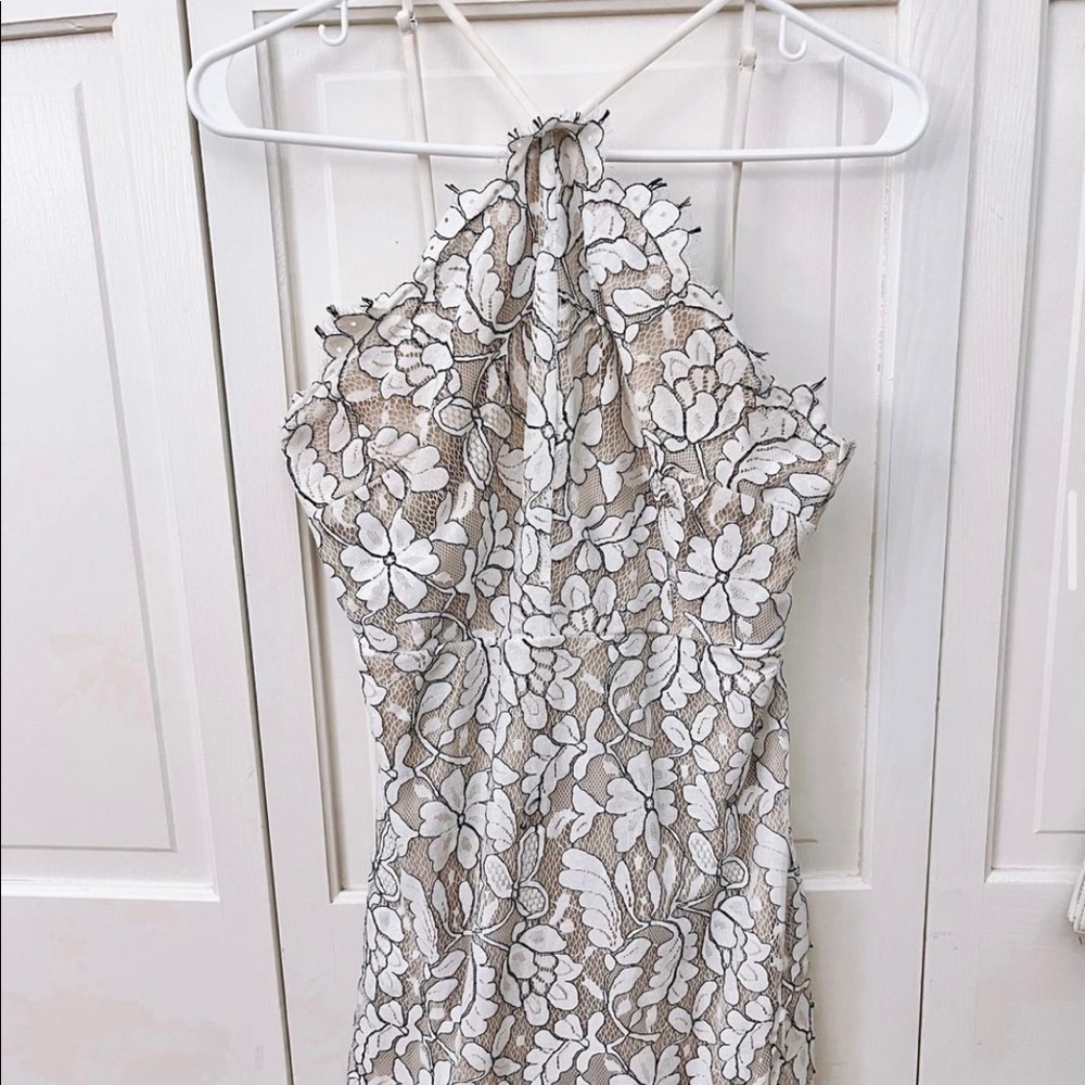 White, Tan & Black Lack Mini Dress